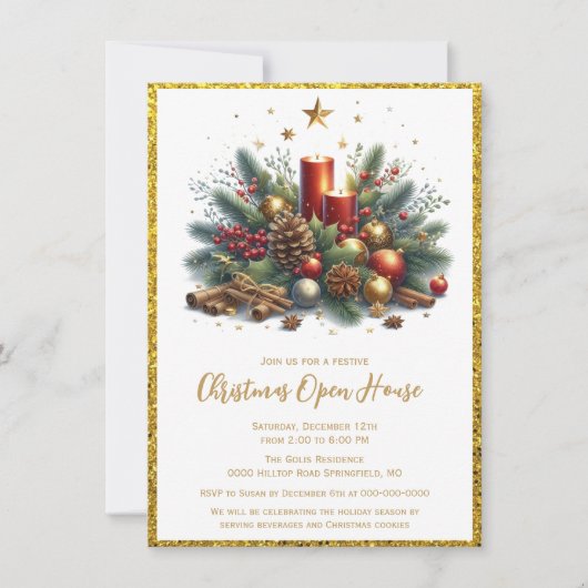 Elegante Gold Glitzer Weihnachts-Open House Einladung (Vorderseite)