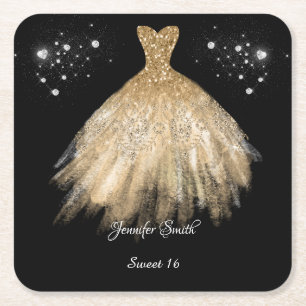 Elegante Gold Glitzern Dress Glitzer 16 . Geburtst Rechteckiger Pappuntersetzer