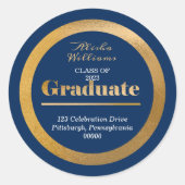 Elegante Gold Graduate Dark Blue Rücksendeadresse Runder Aufkleber (Vorderseite)