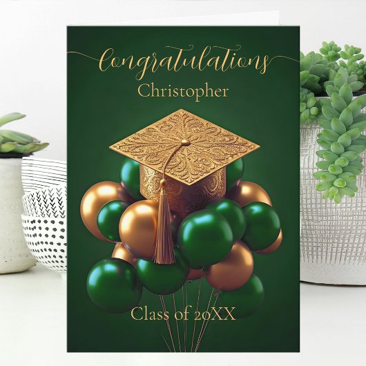 Elegante Gold Graduation Cap mit festlichem Ballon Karte