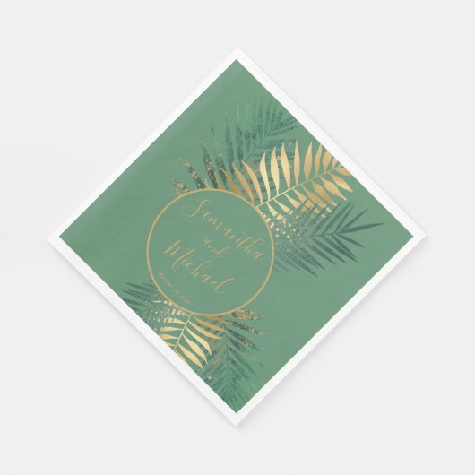 Elegante Gold Green Tropical Pflanze Blätter Hochz Serviette (Ecke)