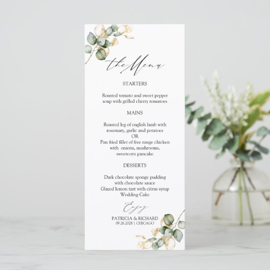 Elegante Gold Greenerity Wedding Menu Cards Menükarte (Stehend Vorderseite)