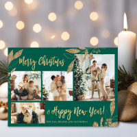 Elegante Gold-Grüne Weihnachtskarte mit 4-Foto-Col