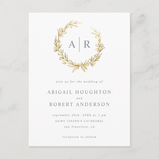 Elegante Gold Hand gezeichnet Wreath-Initialen Hoc Einladungspostkarte (Vorderseite)