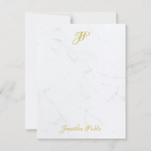 Elegante Gold Hand Script Monogram White Marmor Mitteilungskarte (Vorderseite)