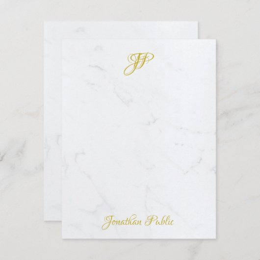 Elegante Gold Hand Script Monogram White Marmor Mitteilungskarte (Vorne/Hinten)
