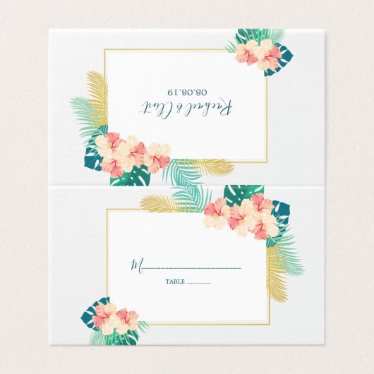 Elegante Gold Hawaiian Hibiskus Wedding Table Card Visitenkarten (Außenseite Aufgefaltet)