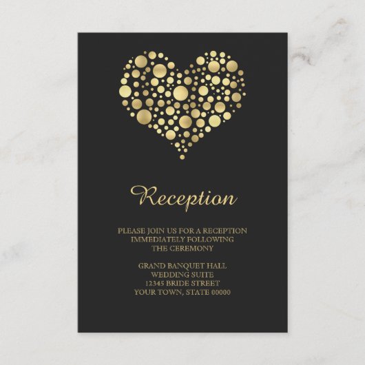 Elegante Gold Heart Dusty Black Empfang Info Card Begleitkarte (Vorderseite)