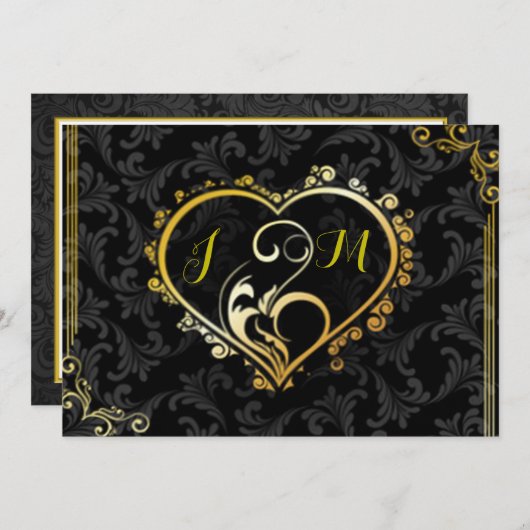 Elegante Gold Heart Monogram Wedding Einladung (Vorne/Hinten)