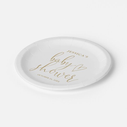 Elegante Gold Heart Script Baby Shower Pappteller (Schrägansicht)