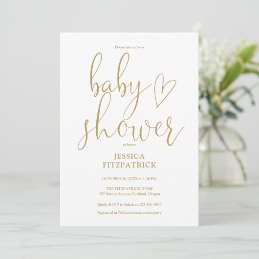 Elegante Gold Heart Script Foto Baby Shower Einladung (Stehend Vorderseite)