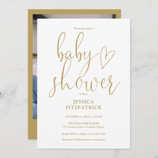 Elegante Gold Heart Script Foto Baby Shower Einladung (Vorne/Hinten)