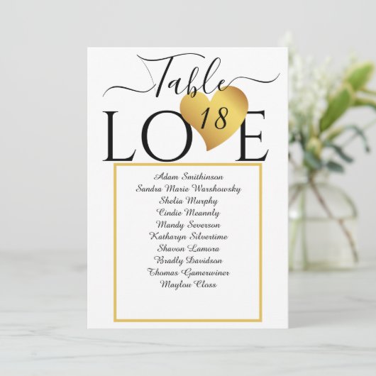 Elegante Gold Heart Tischnummer Seating Charts (Stehend Vorderseite)