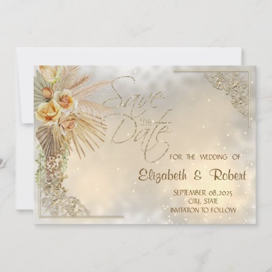 Elegante Gold Hearts Boho Blume Save the Date (Vorderseite)