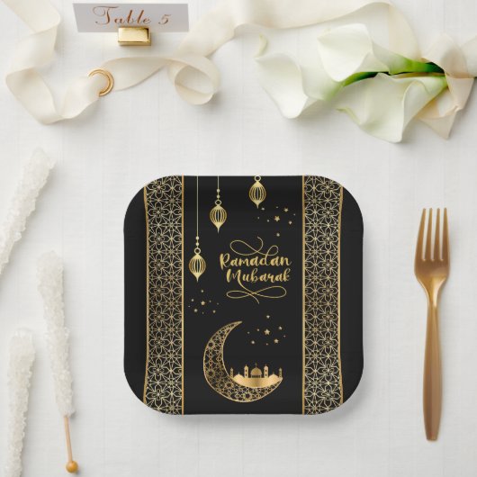 Elegante Gold Islamic Patterns Ramadan Mubarak Pappteller (Hochzeit)
