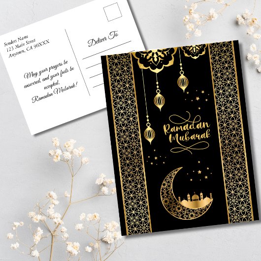Elegante Gold Islamic Patterns Ramadan Mubarak Postkarte