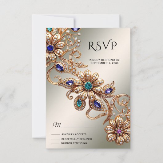 Elegante Gold Jewel Blume RSVP Card (Vorderseite)