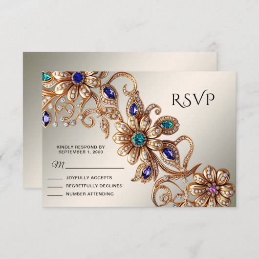 Elegante Gold Jewel Blume RSVP Card (Vorne/Hinten)