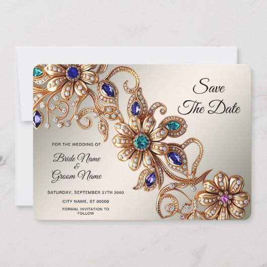 Elegante Gold Jewel Blume Save the Date (Vorderseite)