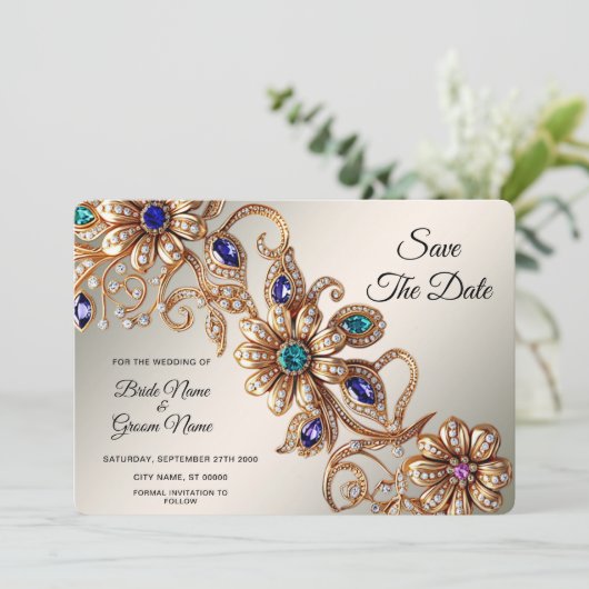 Elegante Gold Jewel Blume Save the Date (Stehend Vorderseite)