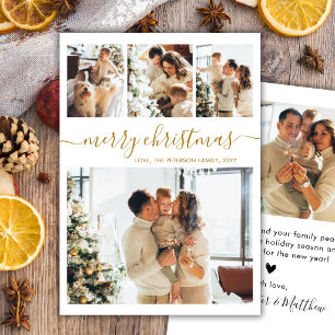 Elegante Gold-Kalligrafie 4-Foto-Collage Weihnacht Feiertagskarte