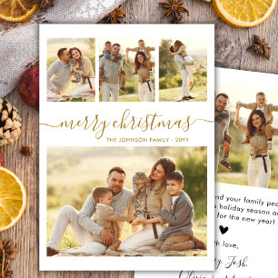 Elegante Gold-Kalligrafie 4-Foto-Collage Weihnacht Feiertagskarte