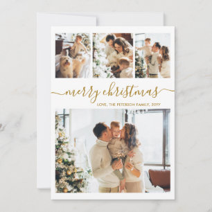 Elegante Gold-Kalligrafie 4-Foto-Collage Weihnacht Feiertagskarte