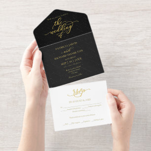 Elegante Gold-Kalligrafie Schwarze Hochzeit All-in-One-Einladung