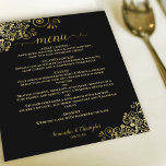 Elegante Gold Lace auf Black Budget Wedding Menu<br><div class="desc">Diese wunderschönen Hochzeitsmenüs sind einfach,  elegant und stilvoll,  aber dennoch preisgünstig. Sie zeichnen sich durch ein elegantes und glamouröses Design aus,  mit goldenen Imitate-Folienstraße und Schriftzeichen-Kalligraphie auf schwarzem Hintergrund. Die Rückseite ist eine schöne goldfarbene Marmorfarbe.</div>