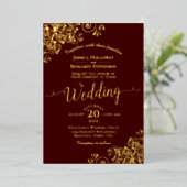 Elegante Gold Lace auf der Auburn Brown Wedding Folieneinladung (Stehend vorne)