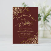 Elegante Gold Lace auf der Auburn Brown Wedding Save The Date (Stehend Vorderseite)