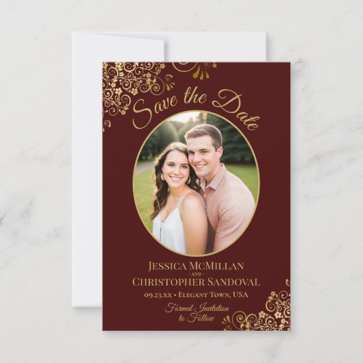 Elegante Gold Lace & Foto Auburn Brown Wedding Save The Date (Vorderseite)