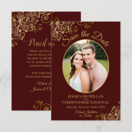 Elegante Gold Lace & Foto Auburn Brown Wedding Save The Date