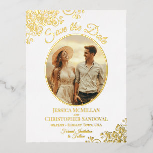 Elegante Gold-Lace und Foto Weiße Save-the-Date-Ka Folie Einladungspostkarte
