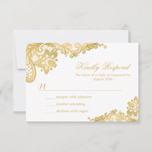 Elegante Gold Lace Wedding RSVP Card Karte (Vorderseite)