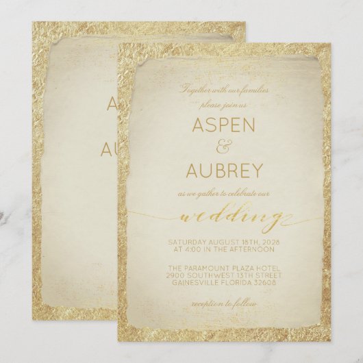 Elegante Gold Leaf Antique Script Wedding Einladung (Vorne/Hinten)