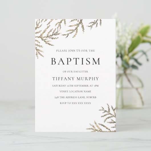 Elegante Gold Leaf Boy oder Girl Taufe Einladung (Stehend Vorderseite)