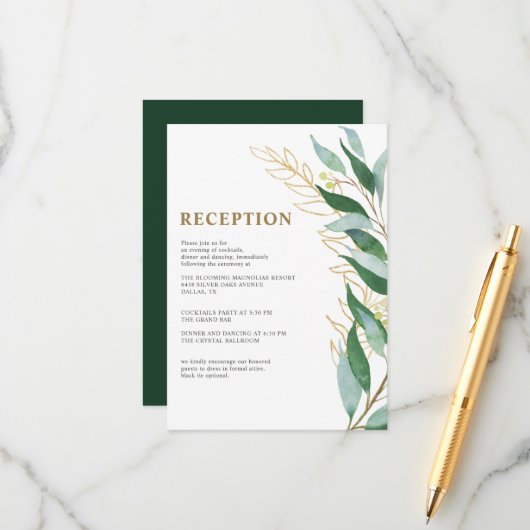 Elegante Gold Leaf Foliage Green Wedding Reception Begleitkarte (Vorderseite/Rückseite Beispiel)