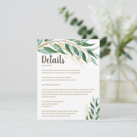 Elegante Gold Leaf Wedding Details Einsteckkarte Begleitkarte (Stehend Vorderseite)