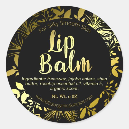 Elegante Gold Leaf Zweige auf Black Lip Balm Runder Aufkleber (Vorderseite)