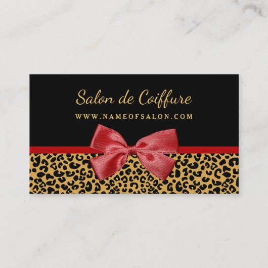 Elegante Gold Leopard Print mit Red Bow Hair Salon Visitenkarte (Vorderseite)