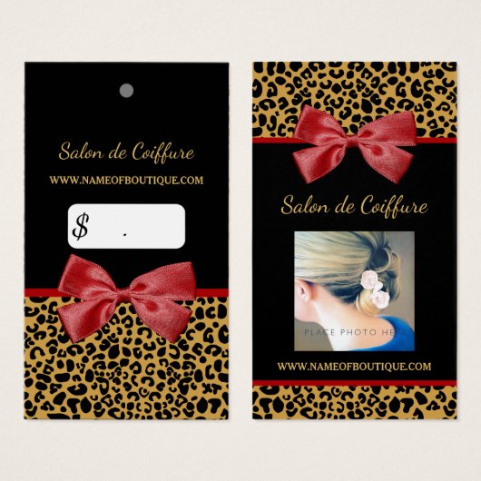 Elegante Gold Leopard Print Red Bow Foto Pricetag (Vorne & Hinten)