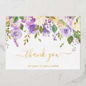 Elegante Gold Lila Floral Beerdigung Dankeschön Ka Folieneinladung (Vorderseite)