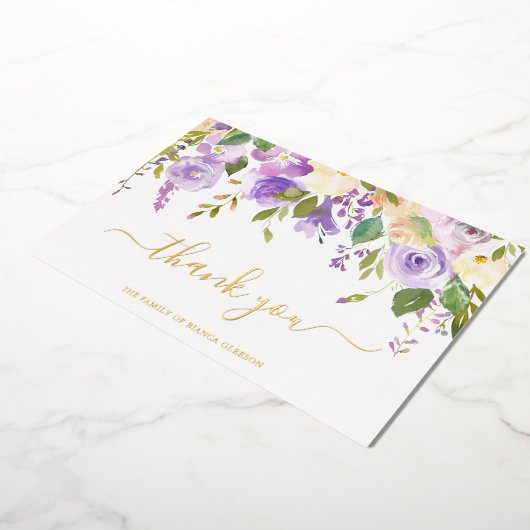 Elegante Gold Lila Floral Beerdigung Dankeschön Ka Folieneinladung (Gedreht)