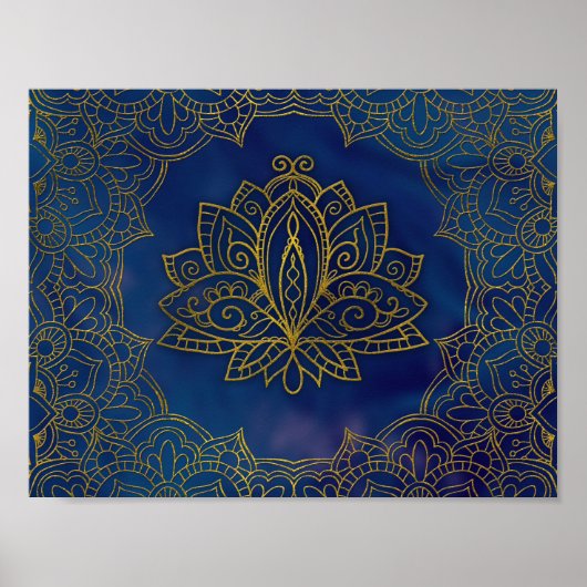 Elegante Gold Lotus Blume auf blau Poster (Vorne)