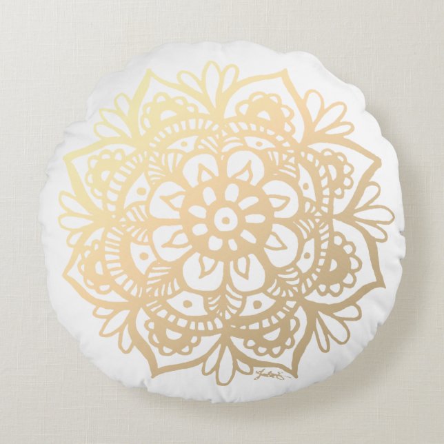 Elegante Gold Mandala Blume Rundes Kissen (Vorderseite)