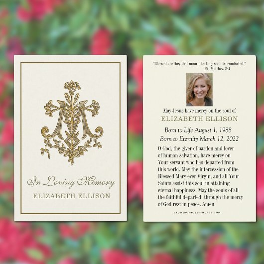 Elegante Gold-Marian Cross-Beerdigungskarte