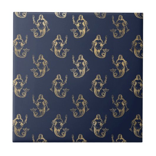 Elegante Gold Meerjungfrau Seamless Muster Navy Bl Fliese (Vorderseite)