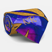 Elegante Gold Metallic Blätter Lila Blue Initials Krawatte (Gerollt)