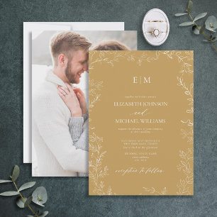 Elegante Gold Minimal Leaf Foto Monogram Wedding Einladung